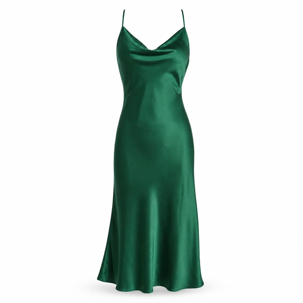 Product photo of an emerald silk slip dress on white