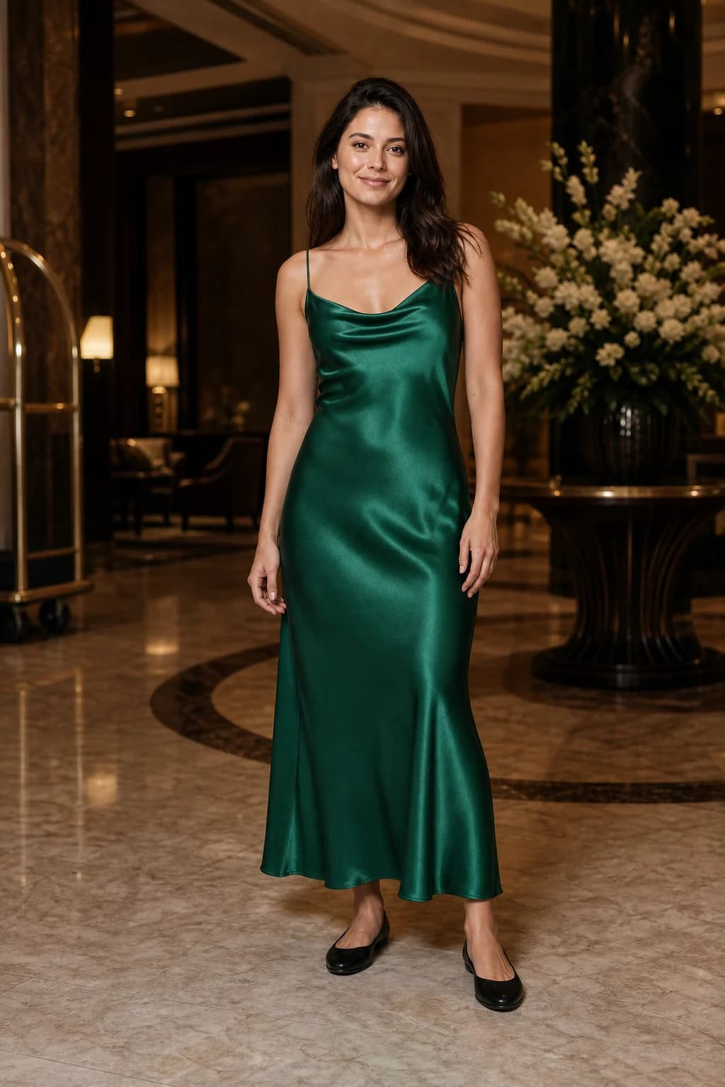 The same woman in the emerald slip dress in a marble hotel lobby, made by AURA