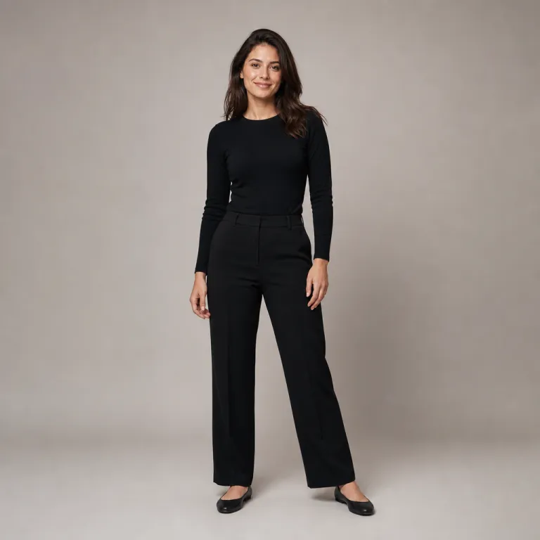Reference photo of a woman in a black top and black trousers against a grey wall