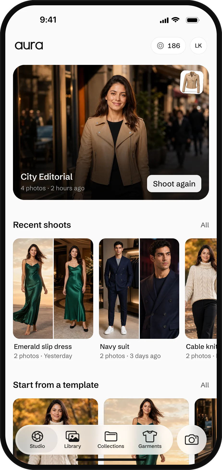 The AURA iPhone app's Studio home: the latest shoot, recent shoots and templates to start from